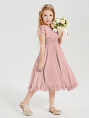 Robes de Demoiselle d'Honneur Junior en Mousseline à Longueur de Mollet Rose Poudré