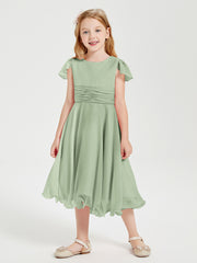 Robes de Demoiselle d'Honneur Junior en Mousseline à Longueur de Mollet Sauge Poudrée
