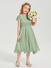 Robes de Demoiselle d'Honneur Junior en Mousseline à Longueur de Mollet Sauge Poudrée