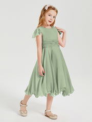 Robes de Demoiselle d'Honneur Junior en Mousseline à Longueur de Mollet Sauge Poudrée