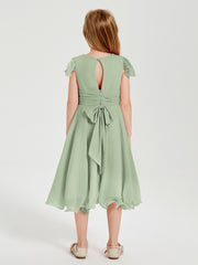 Robes de Demoiselle d'Honneur Junior en Mousseline à Longueur de Mollet Sauge Poudrée
