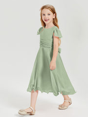 Robes de Demoiselle d'Honneur Junior en Mousseline à Longueur de Mollet Sauge Poudrée