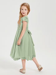 Robes de Demoiselle d'Honneur Junior en Mousseline à Longueur de Mollet Sauge Poudrée