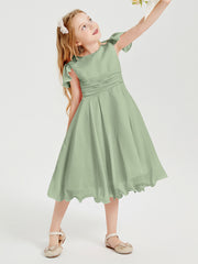 Robes de Demoiselle d'Honneur Junior en Mousseline à Longueur de Mollet Sauge Poudrée