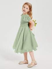 Robes de Demoiselle d'Honneur Junior en Mousseline à Longueur de Mollet Sauge Poudrée