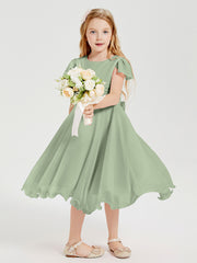Robes de Demoiselle d'Honneur Junior en Mousseline à Longueur de Mollet Sauge Poudrée