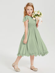 Robes de Demoiselle d'Honneur Junior en Mousseline à Longueur de Mollet Sauge Poudrée