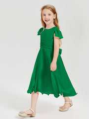 Robes de Demoiselle d'Honneur Junior en Mousseline à Longueur de Mollet Emeraude