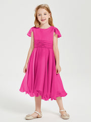 Robes de Demoiselle d'Honneur Junior en Mousseline à Longueur de Mollet Fuchsia