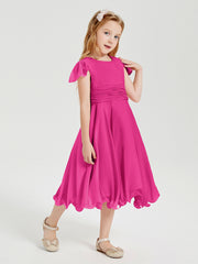 Robes de Demoiselle d'Honneur Junior en Mousseline à Longueur de Mollet Fuchsia