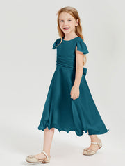 Robes de Demoiselle d'Honneur Junior en Mousseline à Longueur de Mollet Bleu Encre