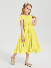 Robes de Demoiselle d'Honneur Junior en Mousseline à Longueur de Mollet Citron
