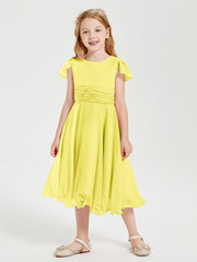 Robes de Demoiselle d'Honneur Junior en Mousseline à Longueur de Mollet Citron