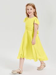 Robes de Demoiselle d'Honneur Junior en Mousseline à Longueur de Mollet Citron