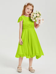 Robes de Demoiselle d'Honneur Junior en Mousseline à Longueur de Mollet Vert Citron