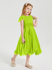 Robes de Demoiselle d'Honneur Junior en Mousseline à Longueur de Mollet Vert Citron