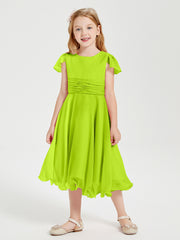 Robes de Demoiselle d'Honneur Junior en Mousseline à Longueur de Mollet Vert Citron