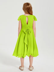 Robes de Demoiselle d'Honneur Junior en Mousseline à Longueur de Mollet Vert Citron