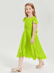 Robes de Demoiselle d'Honneur Junior en Mousseline à Longueur de Mollet Vert Citron