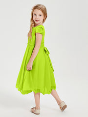 Robes de Demoiselle d'Honneur Junior en Mousseline à Longueur de Mollet Vert Citron