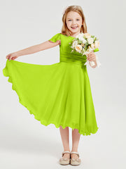 Robes de Demoiselle d'Honneur Junior en Mousseline à Longueur de Mollet Vert Citron