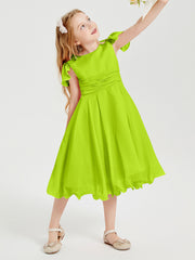 Robes de Demoiselle d'Honneur Junior en Mousseline à Longueur de Mollet Vert Citron