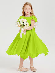 Robes de Demoiselle d'Honneur Junior en Mousseline à Longueur de Mollet Vert Citron