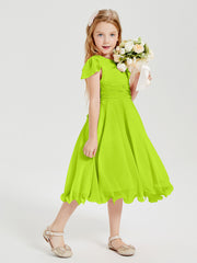 Robes de Demoiselle d'Honneur Junior en Mousseline à Longueur de Mollet Vert Citron