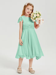 Robes de Demoiselle d'Honneur Junior en Mousseline à Longueur de Mollet Vert Menthe