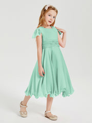 Robes de Demoiselle d'Honneur Junior en Mousseline à Longueur de Mollet Vert Menthe