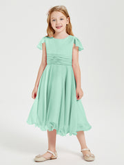 Robes de Demoiselle d'Honneur Junior en Mousseline à Longueur de Mollet Vert Menthe