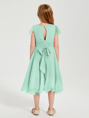 Robes de Demoiselle d'Honneur Junior en Mousseline à Longueur de Mollet Vert Menthe