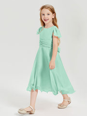 Robes de Demoiselle d'Honneur Junior en Mousseline à Longueur de Mollet Vert Menthe