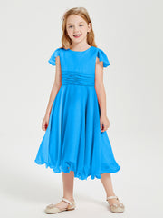 Robes de Demoiselle d'Honneur Junior en Mousseline à Longueur de Mollet Bleu Océan