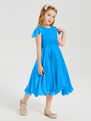 Robes de Demoiselle d'Honneur Junior en Mousseline à Longueur de Mollet Bleu Océan