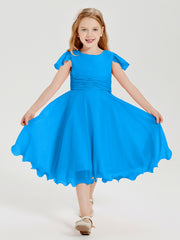 Robes de Demoiselle d'Honneur Junior en Mousseline à Longueur de Mollet Bleu Océan