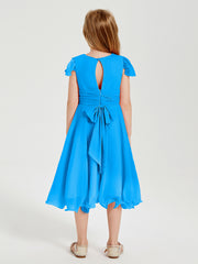 Robes de Demoiselle d'Honneur Junior en Mousseline à Longueur de Mollet Bleu Océan