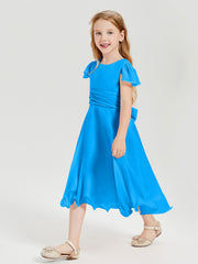 Robes de Demoiselle d'Honneur Junior en Mousseline à Longueur de Mollet Bleu Océan