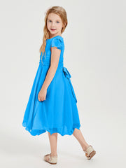Robes de Demoiselle d'Honneur Junior en Mousseline à Longueur de Mollet Bleu Océan