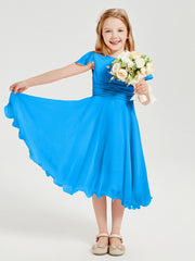 Robes de Demoiselle d'Honneur Junior en Mousseline à Longueur de Mollet Bleu Océan