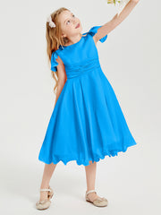 Robes de Demoiselle d'Honneur Junior en Mousseline à Longueur de Mollet Bleu Océan