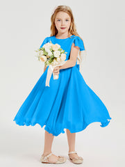 Robes de Demoiselle d'Honneur Junior en Mousseline à Longueur de Mollet Bleu Océan