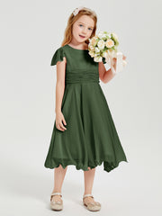 Robes de Demoiselle d'Honneur Junior en Mousseline à Longueur de Mollet Olive Verte
