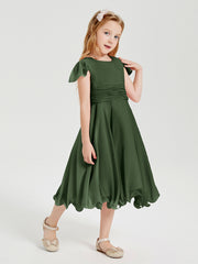Robes de Demoiselle d'Honneur Junior en Mousseline à Longueur de Mollet Olive Verte
