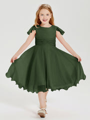Robes de Demoiselle d'Honneur Junior en Mousseline à Longueur de Mollet Olive Verte