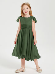 Robes de Demoiselle d'Honneur Junior en Mousseline à Longueur de Mollet Olive Verte