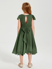 Robes de Demoiselle d'Honneur Junior en Mousseline à Longueur de Mollet Olive Verte