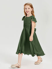 Robes de Demoiselle d'Honneur Junior en Mousseline à Longueur de Mollet Olive Verte