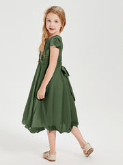 Robes de Demoiselle d'Honneur Junior en Mousseline à Longueur de Mollet Olive Verte