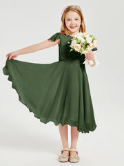 Robes de Demoiselle d'Honneur Junior en Mousseline à Longueur de Mollet Olive Verte